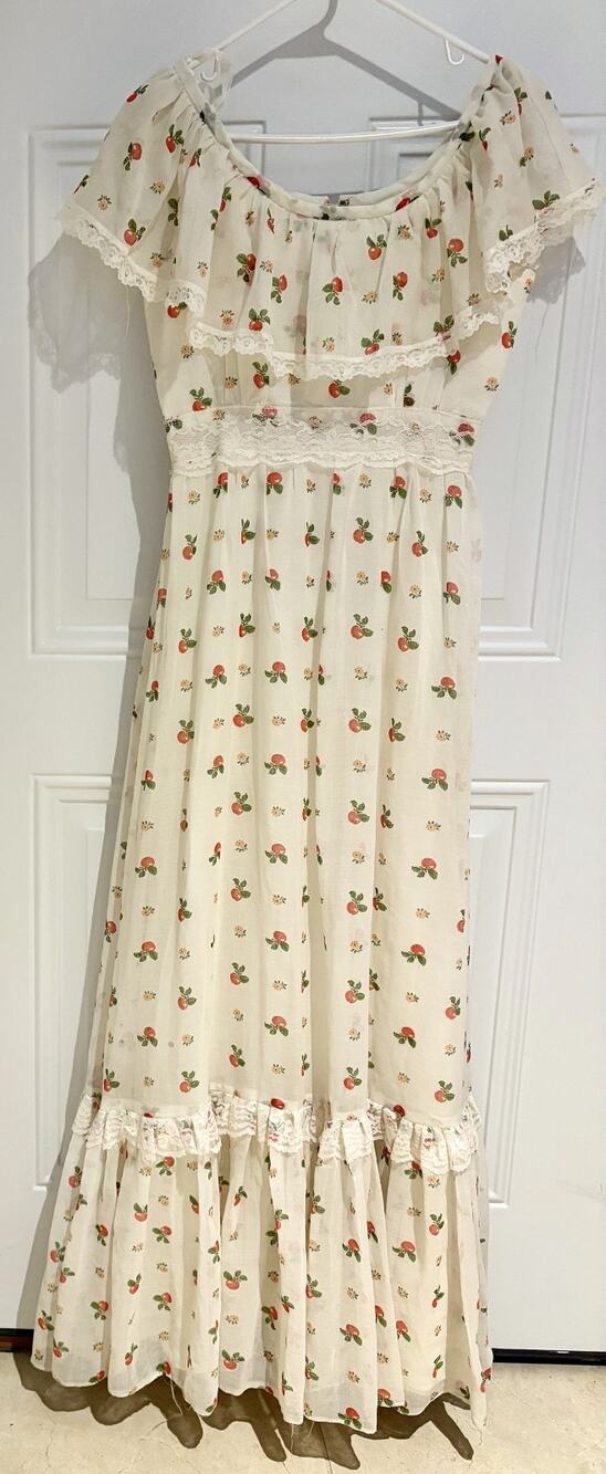 Vintage 1970s Union‑Made Peasant Maxi Dress Apple Print Lace Trim Size 7 USA